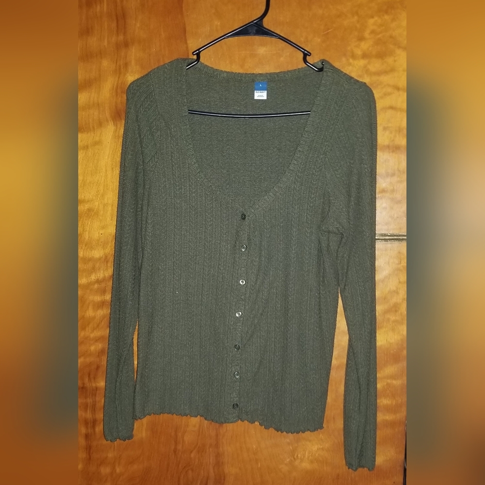 Women's Old Navy Green Long-Sleeve Button Down Pointelle Top Large